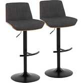 Corazza Adjustable Swivel Bar Stool in Black Metal, Walnut Wood & Charcoal Fabric (Set of 2)
